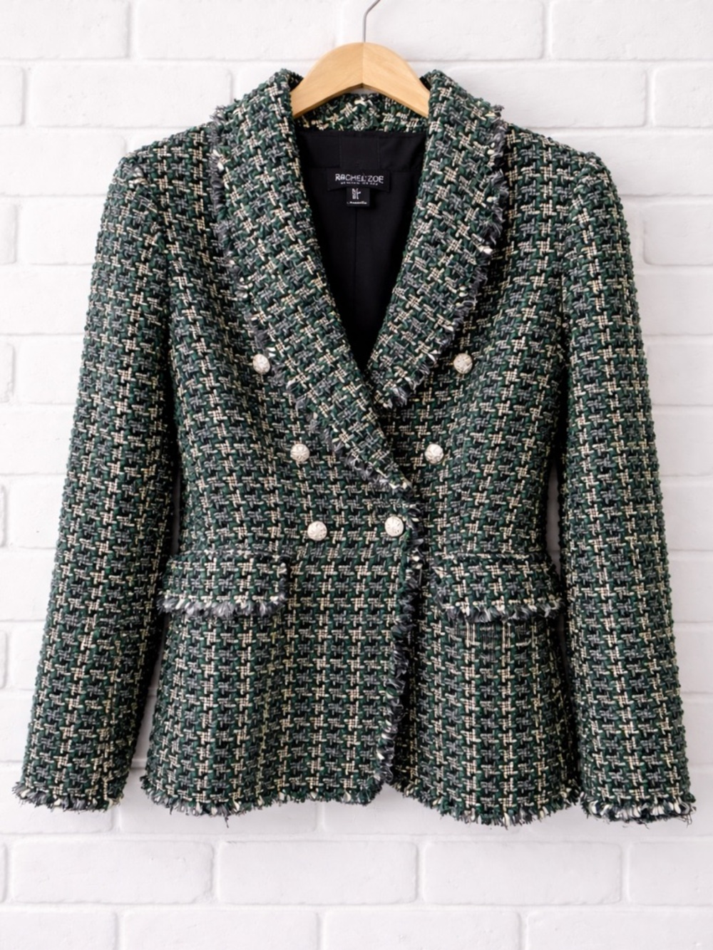 Rachel Zoe Green Metallic Tweed Blazer | Double Breasted | Size Small